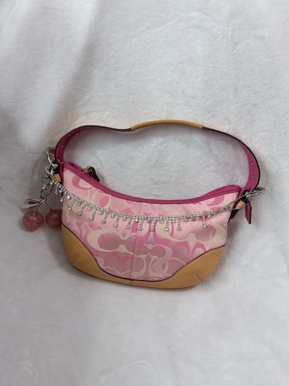 Pink Coach Rare Signature Print Shoulder Bag with Crystal Trim - Picture 1 of 8